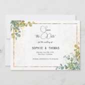  緑と金のオールインワン ユーカリ水彩画 セーブザデート (正面)