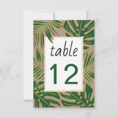 緑と金のトロピカルリーフの結婚式テーブルナンバー 招待状 (裏面)
