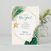 緑と金のパームツリートロピカルビーチニューイヤー 箔シーズンカード (立ち正面)