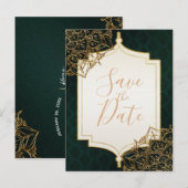 緑と金のモロッコのアラビアンナイト　セーブ・ザ・デート 案内ポストカード (正面/裏面)