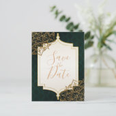 緑と金のモロッコのアラビアンナイト　セーブ・ザ・デート 案内ポストカード (スタンド正面)