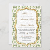緑と金のモロッコのタイルを使ったイスラム教の結婚式 招待状 (正面)