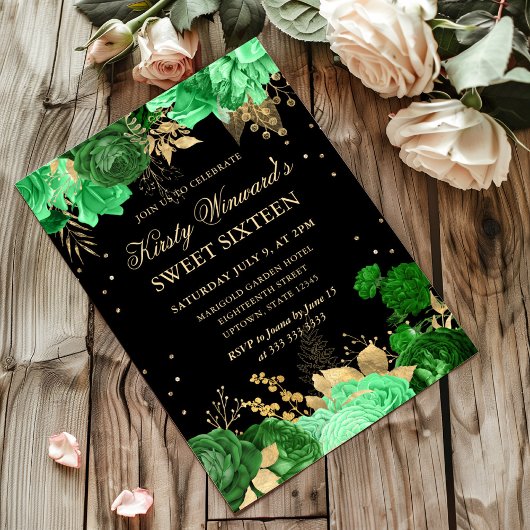 緑と金のローズボーダー フローラル スイート シックスティーン 招待状