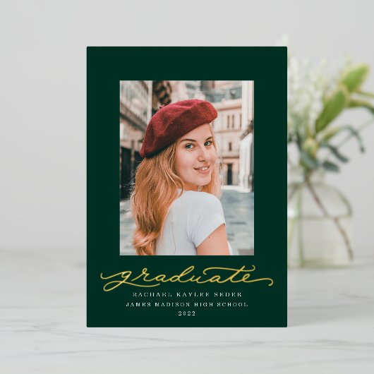 緑と金の箔のスクリプト箔の発表 箔招待状 (立ち正面)