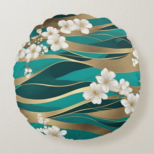 緑と金の花 ラウンドクッション (正面)