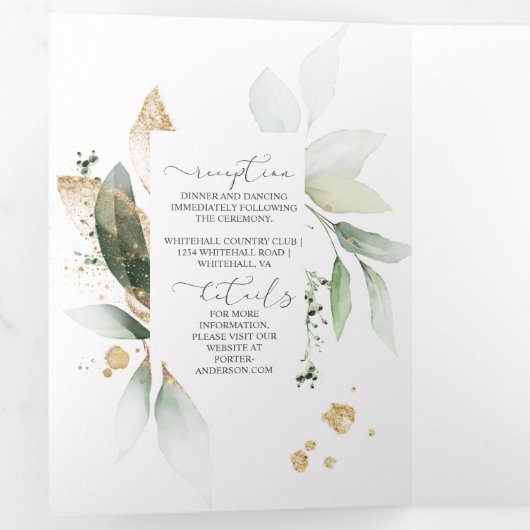 緑と金の葉のボタニカル ウェディング 三つ折り招待状 (内部最初)