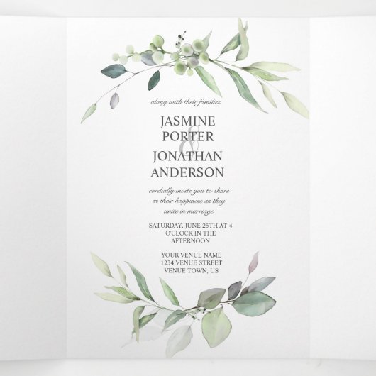 緑と金の葉のボタニカル ウェディング 三つ折り招待状 (内部中)