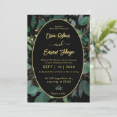 緑と金の葉の黒の幾何学フレーム 招待状 (スタンド正面)