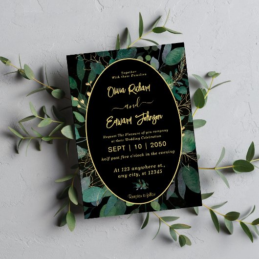 緑と金の葉の黒の幾何学フレーム 招待状