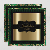 緑と金ゴールドによエレガントるパーティーテンプレートの渦巻き 招待状 (正面/裏面)