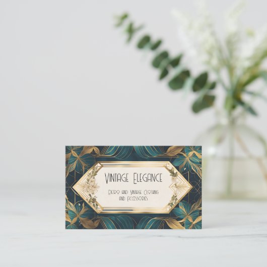 緑と金ゴールドのアールデコのリボンと離れ 名刺 (スタンド正面)