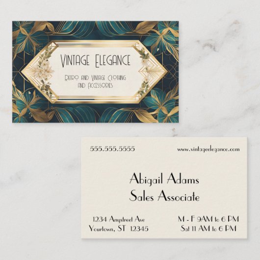 緑と金ゴールドのアールデコのリボンと離れ 名刺 (正面/裏面)