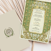 緑と金ゴールドのアールデコ結婚の 招待状