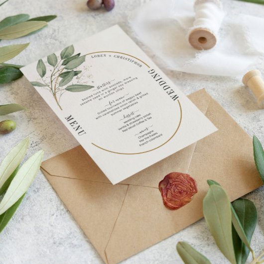 緑と金ゴールドのエレガントな結婚式メニュー 招待状