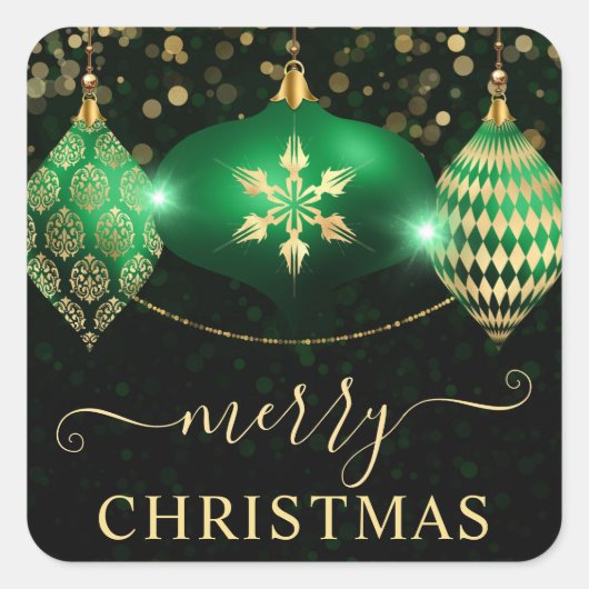 緑と金ゴールドのオーナメントバウブルクリスマス スクエアシール (正面)
