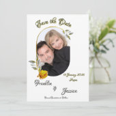 緑と金ゴールドのオーバル淡い色のフォト付きソフトイエローローズ セーブザデート (スタンド正面)