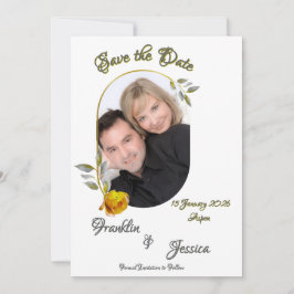 緑と金ゴールドのオーバル淡い色のフォト付きソフトイエローローズ セーブザデート