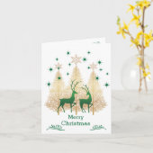 緑と金ゴールドのクリスマスツリー、トナカイ カード (黄色い花)