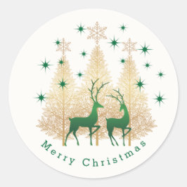 緑と金ゴールドのクリスマスツリー、トナカイ ラウンドシール