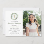 緑と金ゴールドのクロス写真第1聖餐式 招待状 (正面)