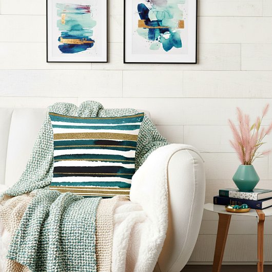 緑と金ゴールドのグリッターストライプ クッション