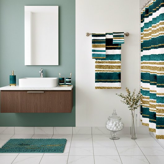 緑と金ゴールドのグリッターストライプ シャワーカーテン