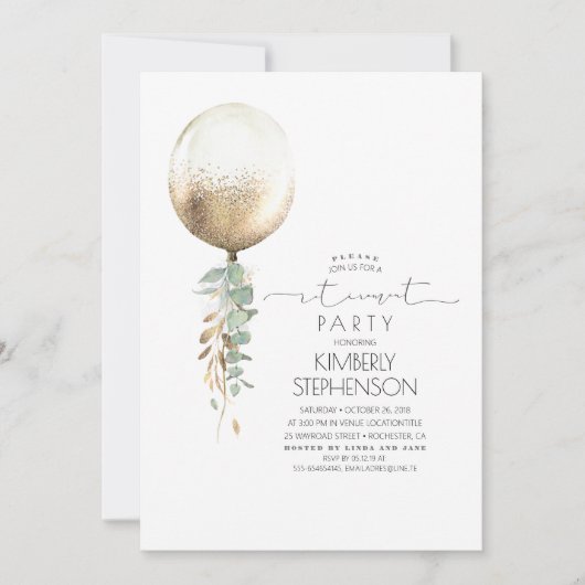緑と金ゴールドのグリッターバルーンの退職パーティー 招待状 (正面)