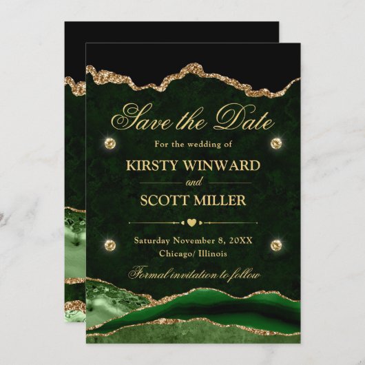 緑と金ゴールドのグリッター大理石瑪瑙の日付を保存 セーブザデート (正面/裏面)