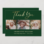 緑と金ゴールドのコラージュ卒業 サンキューカード (正面/裏面)