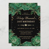 緑と金ゴールドのバラフローラ21st誕生日 招待状 (正面/裏面)