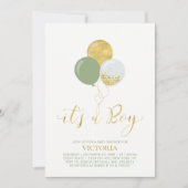 緑と金ゴールドのバルーン | Oh男の赤ちゃんベビーシャワー 招待状 (正面)
