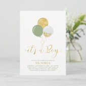 緑と金ゴールドのバルーン | Oh男の赤ちゃんベビーシャワー 招待状 (スタンド正面)