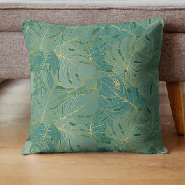 緑と金ゴールドのパーム葉のパターン クッション