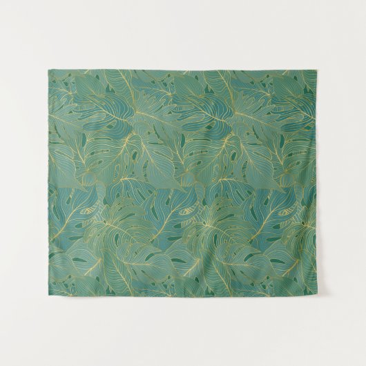 緑と金ゴールドのパーム葉のパターン タペストリー (正面(横))