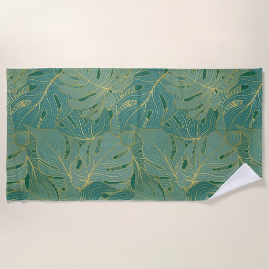 緑と金ゴールドのパーム葉のパターン ビーチタオル (正面)