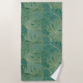 緑と金ゴールドのパーム葉のパターン ビーチタオル (正面)