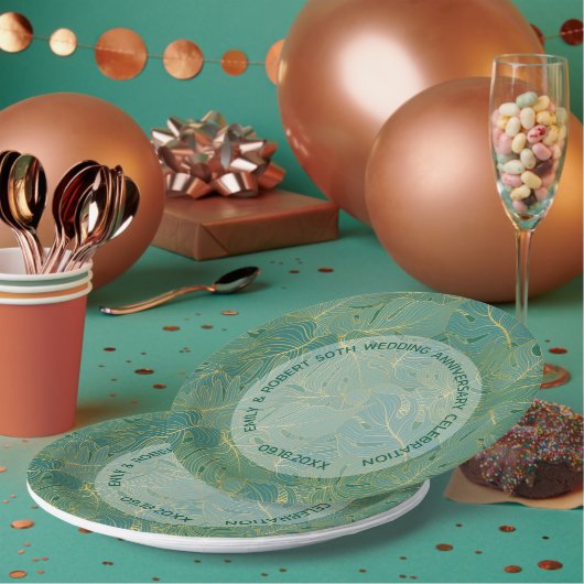 緑と金ゴールドのパーム葉のパターン ペーパープレート (複数)