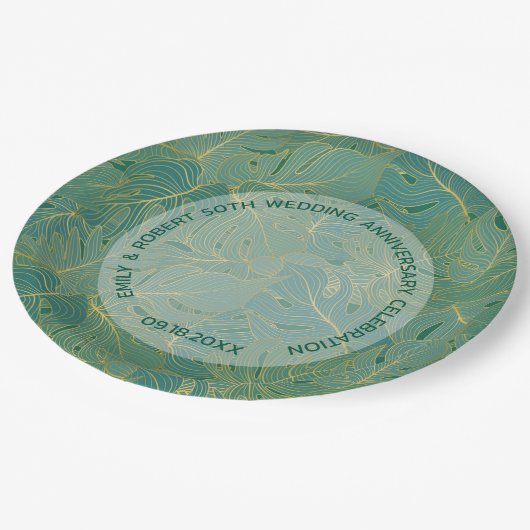 緑と金ゴールドのパーム葉のパターン ペーパープレート (アングル)