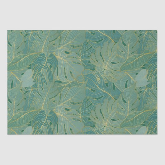 緑と金ゴールドのパーム葉のパターン 薄葉紙 (正面)