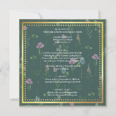 緑と金ゴールドのフローラ結婚。 招待状 (裏面)