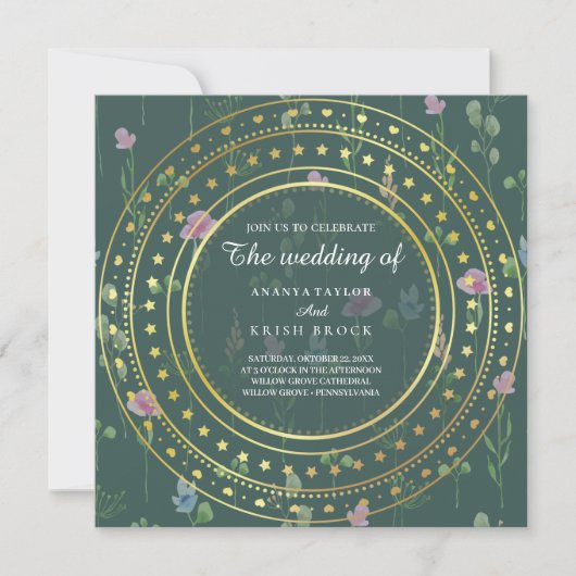 緑と金ゴールドのフローラ結婚。 招待状 (正面)