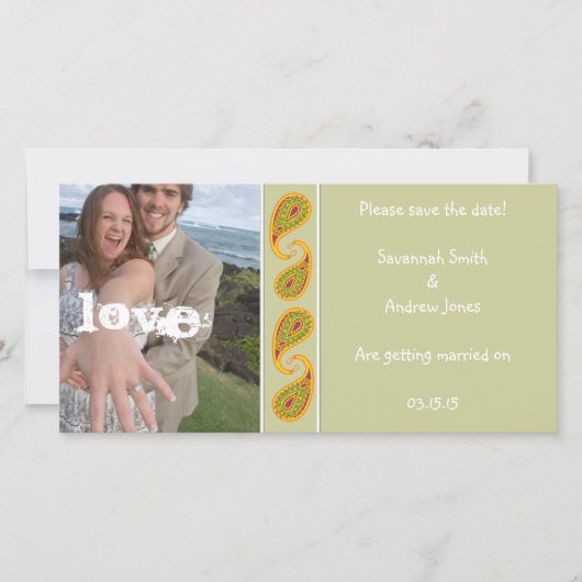 緑と金ゴールドのペイズリー写真の日付を保存 セーブザデート (正面)