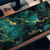 緑と金ゴールドのマーブルテクスチパーソナライズされたャ デスクマット