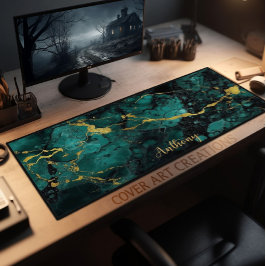 緑と金ゴールドのマーブルテクスチパーソナライズされたャ デスクマット