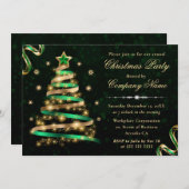 緑と金ゴールドのリボンツリーの企業のクリスマス 招待状 (正面/裏面)