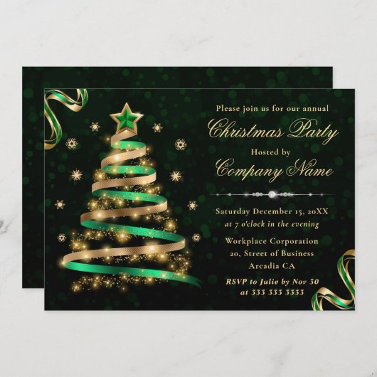 緑と金ゴールドのリボンツリーの企業のクリスマス 招待状 (正面/裏面)