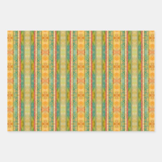 緑と金ゴールドのヴィンテージ水の色のストライプ ラッピングペーパーシート (正面)
