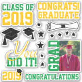 緑と金ゴールドの写真の卒業 シール (正面)