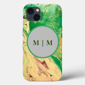 緑と金ゴールドの大理石の渦巻き iPhone 13ケース