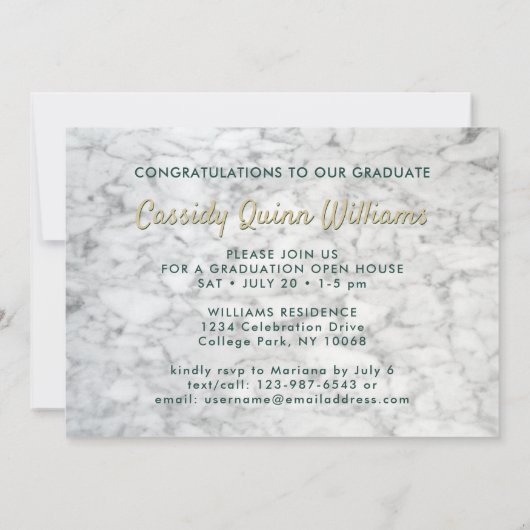 緑と金ゴールドの大理石クラス年卒業写真 招待状 (裏面)